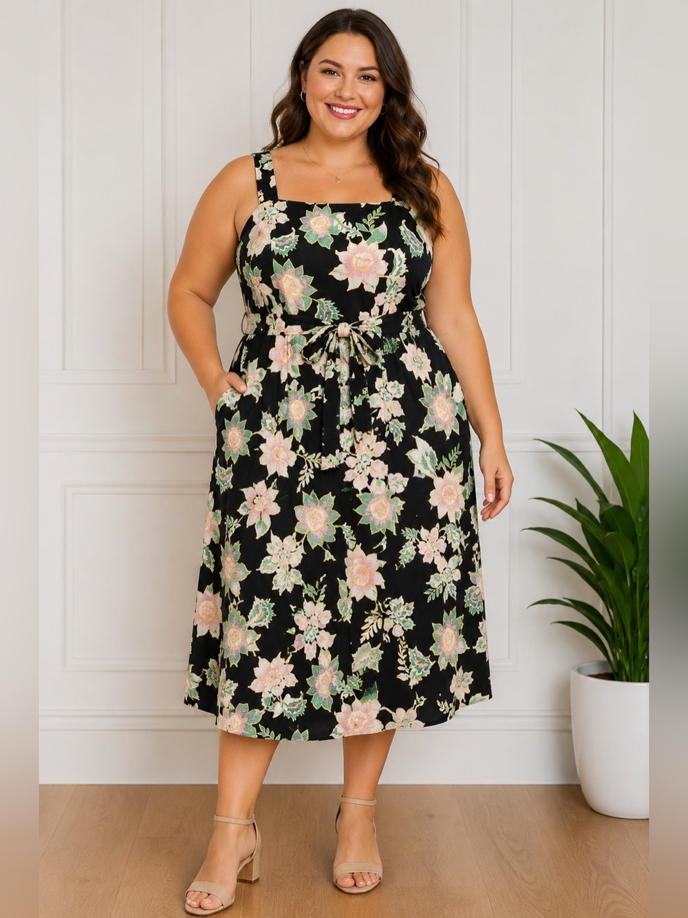 Love for Humanity Black Pink Floral Belted Flare Pinafore Midi Dress Black XXL